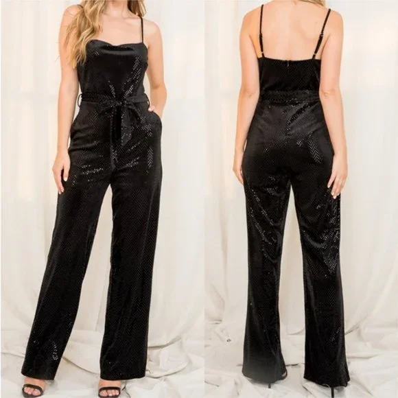 VELVET JUMPSUIT WITH BELTED WAIST - Picture 2 of 4